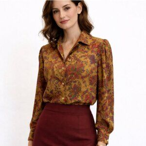 Weinberg Paris Mustard Paisley Button-Down Blouse Classic Collar EU 40